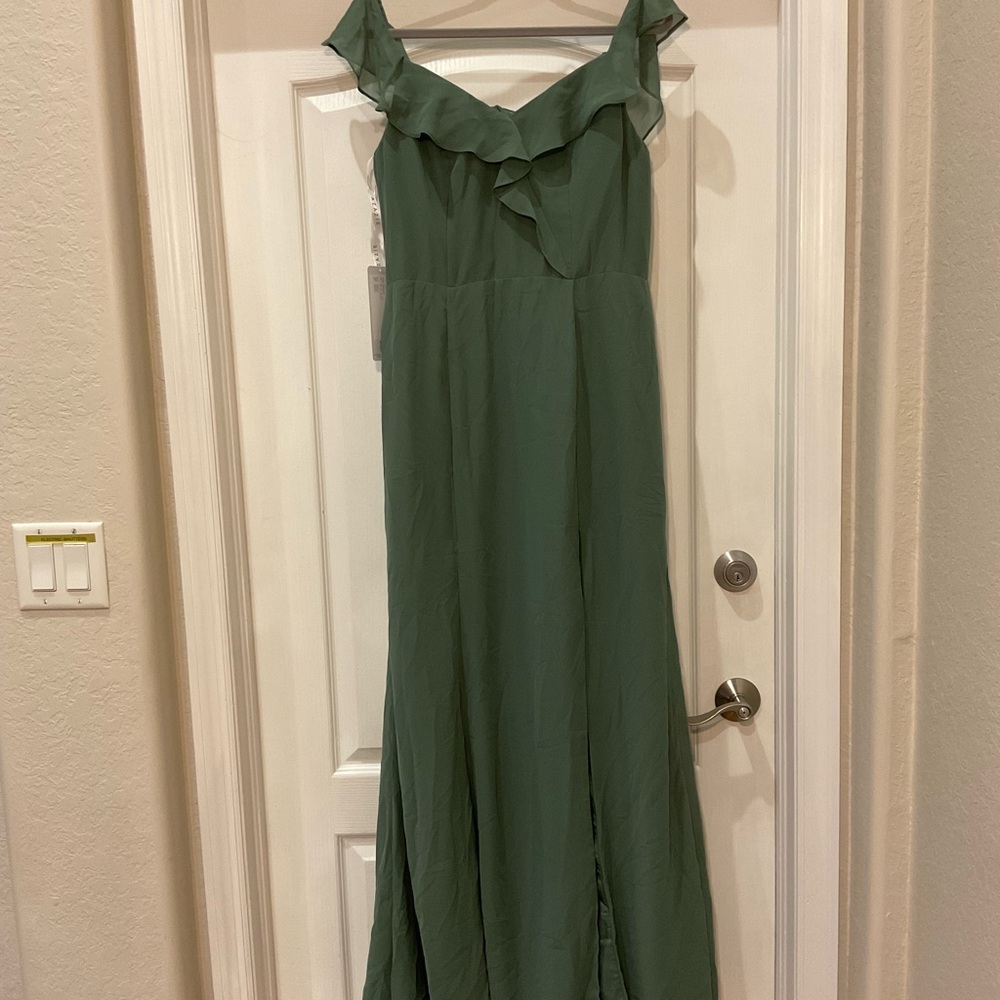 NWT Azazie Sage Green Off The Shoulder Ruffle Maxi Dress